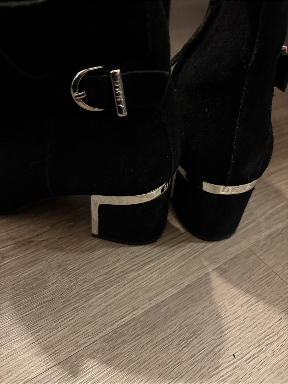 DKNY Black Suede Ankle Boots with Silver Accents